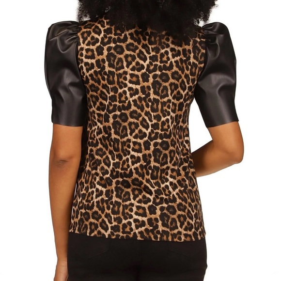 MICHAEL Kors Knit Jersey Cheetah Print Short Puff Sleeve Nubian Leather Top - Picture 3 of 11